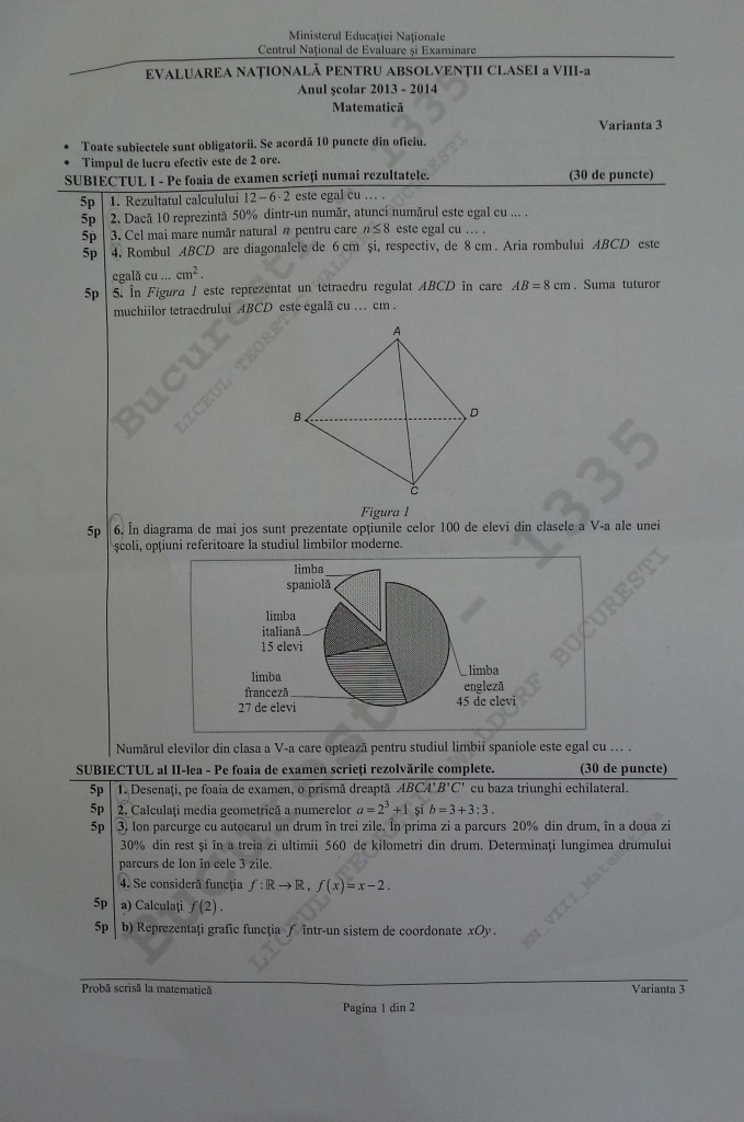 pagina 1 matematica testarea nationala 2014